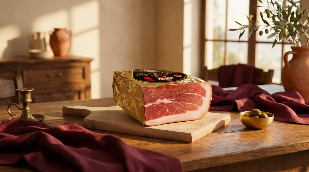 Trancio DOP Ghelli in sezione — colore e marmorizzazione del grasso del Prosciutto Toscano